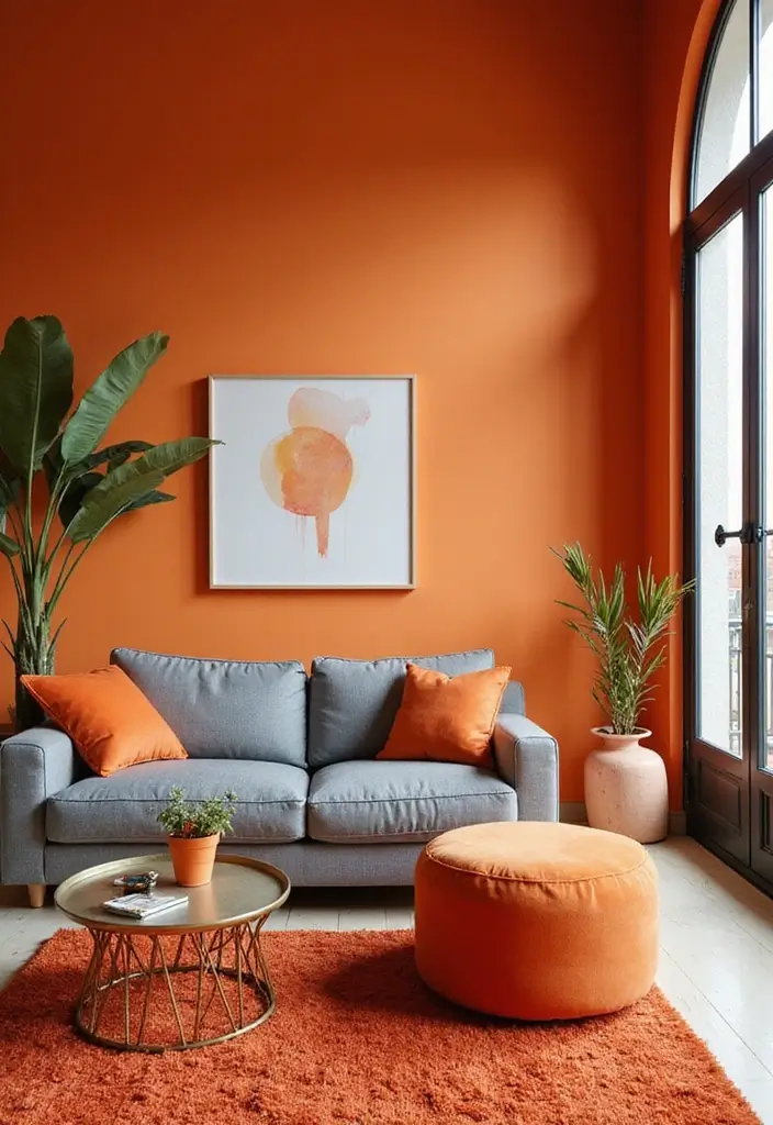 29 Living Room Mood Board Colour Schemes That Inspire Your Design - 17. Bold Orange and Subtle Grays