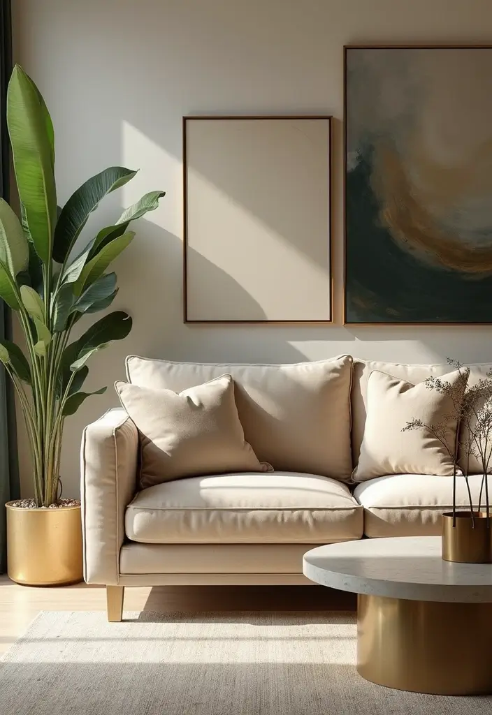 29 Living Room Mood Board Colour Schemes That Inspire Your Design - 25. Soft Golds and Natural Greens