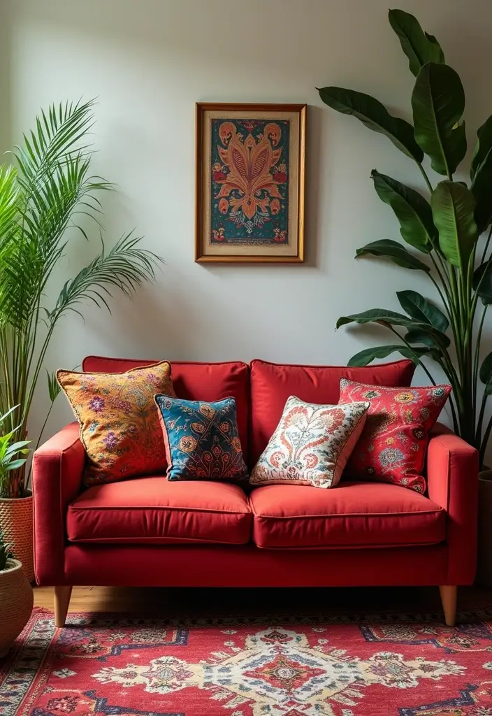 29 Living Room Red Couch Ideas That Add Bold Character - 1. The Boho Chic Vibe