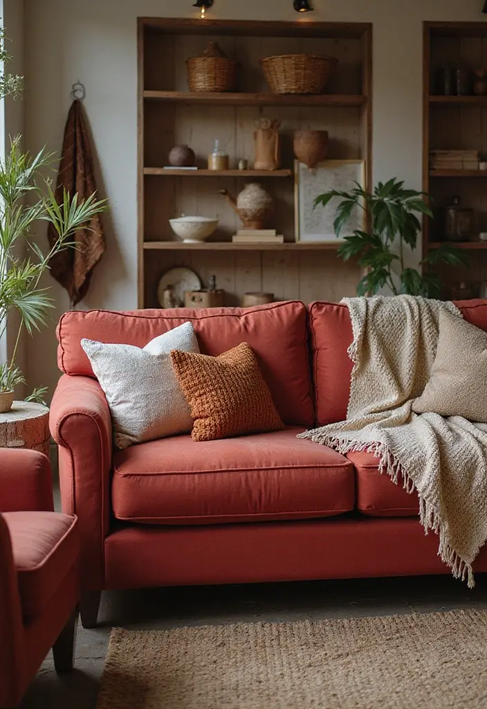 29 Living Room Red Couch Ideas That Add Bold Character - 10. Layered Textures