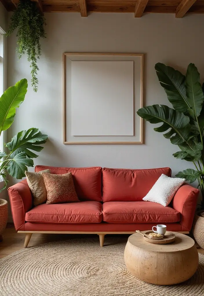 29 Living Room Red Couch Ideas That Add Bold Character - 11. Nature-Inspired