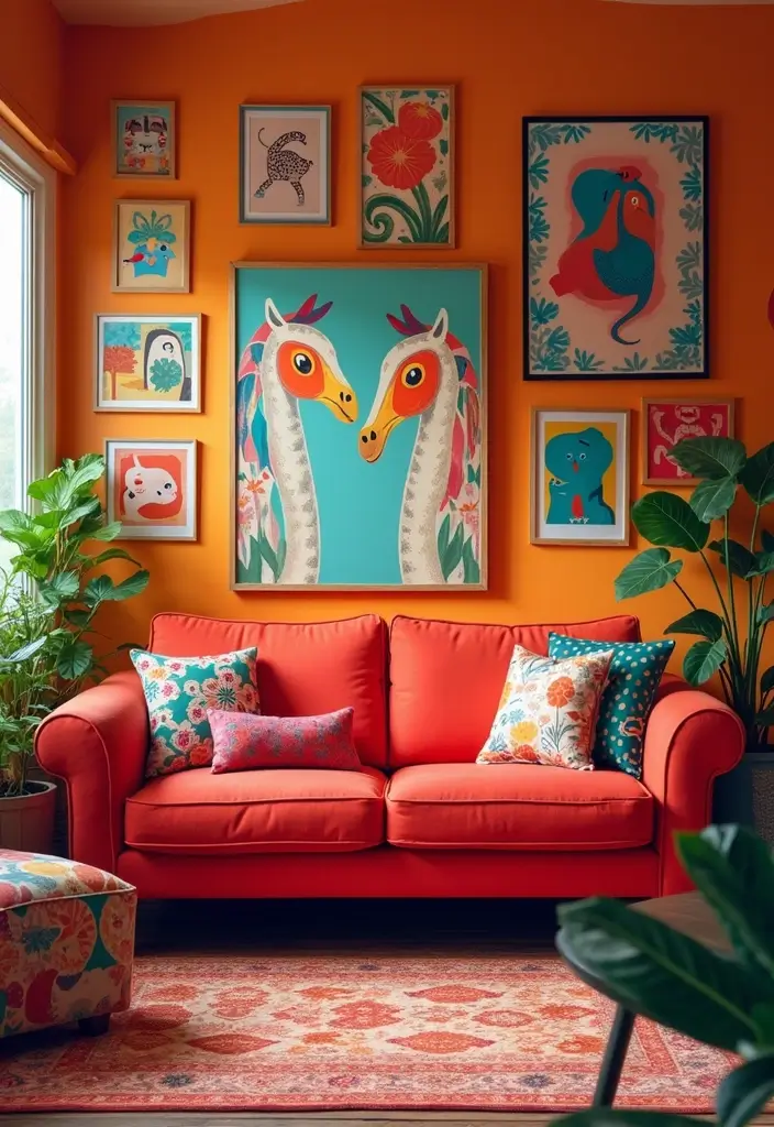 29 Living Room Red Couch Ideas That Add Bold Character - 12. Funky Patterns