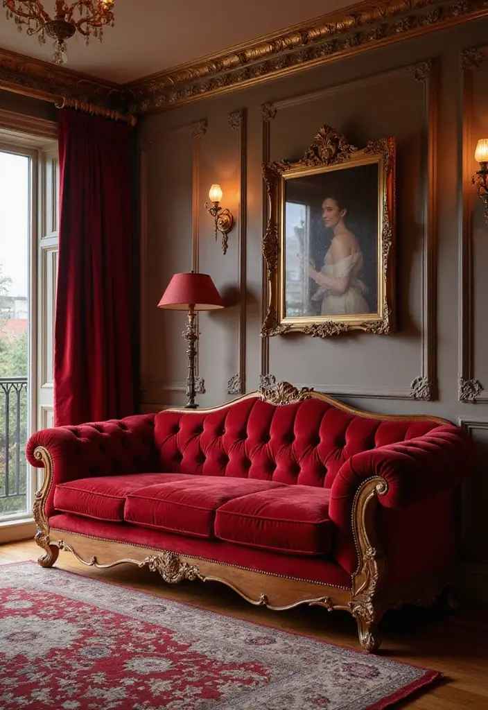 29 Living Room Red Couch Ideas That Add Bold Character - 13. Luxe Velvet