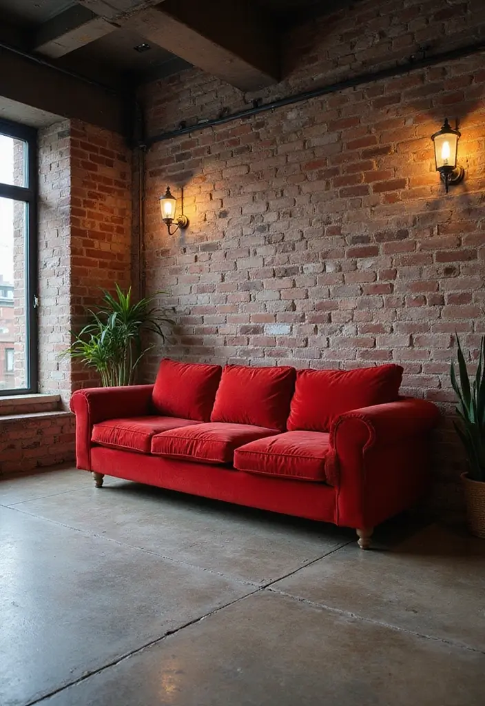 29 Living Room Red Couch Ideas That Add Bold Character - 14. Industrial Charm