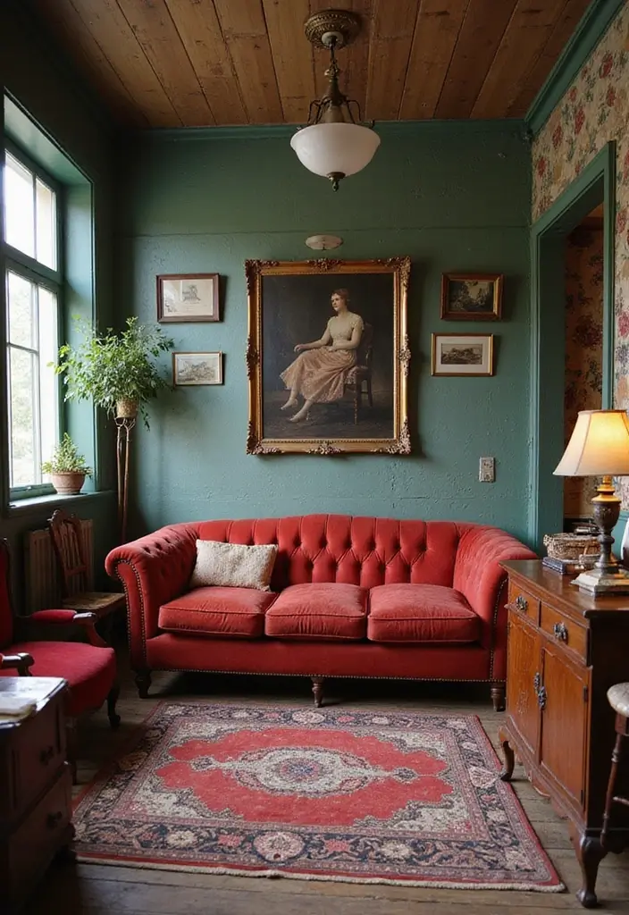 29 Living Room Red Couch Ideas That Add Bold Character - 15. Cozy Vintage Corner