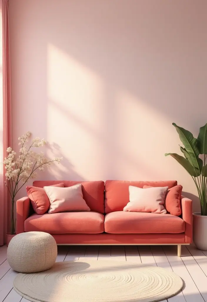 29 Living Room Red Couch Ideas That Add Bold Character - 17. Soft Pastels