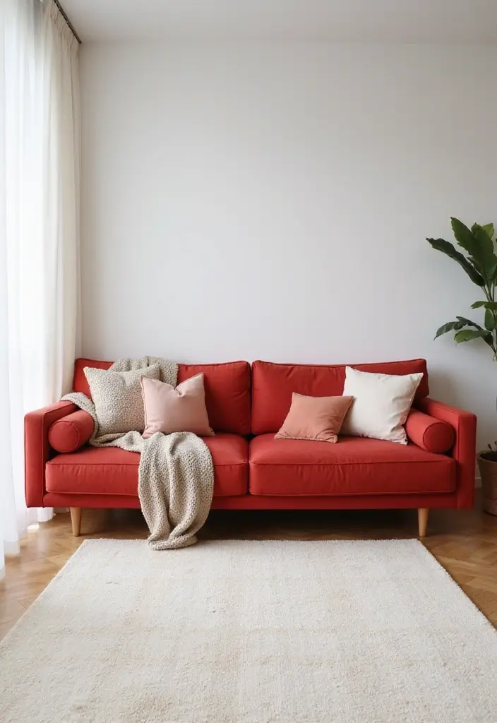 29 Living Room Red Couch Ideas That Add Bold Character - 18. The Artistic Minimalist