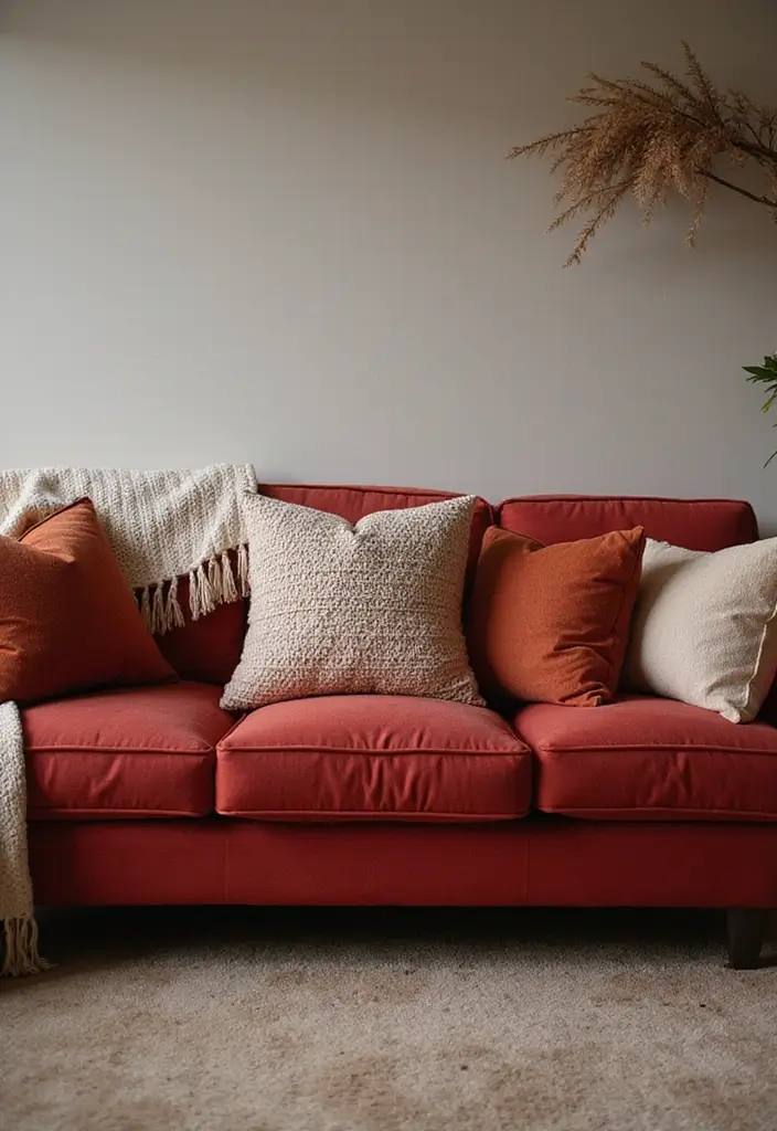 29 Living Room Red Couch Ideas That Add Bold Character - 19. Cozy Layering