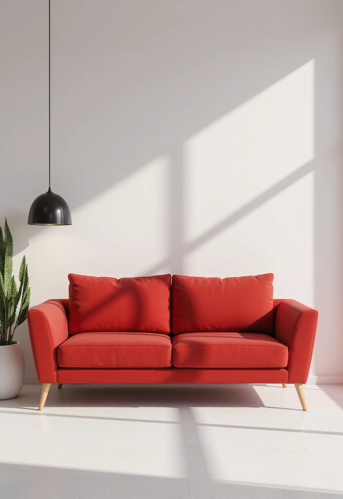 29 Living Room Red Couch Ideas That Add Bold Character - 2. Minimalist Modern