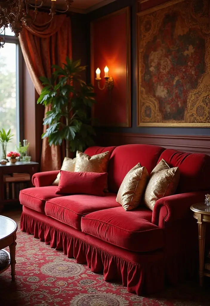 29 Living Room Red Couch Ideas That Add Bold Character - 20. Glamorous Accents
