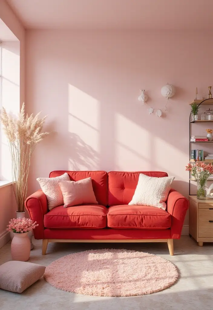 29 Living Room Red Couch Ideas That Add Bold Character - 21. Playful Pastels