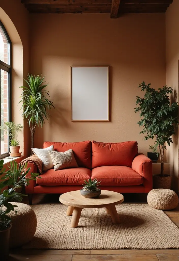 29 Living Room Red Couch Ideas That Add Bold Character - 22. Warm Earthy Tones