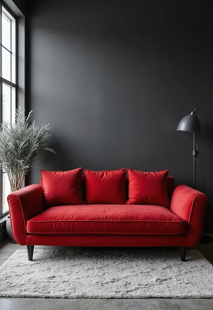 29 Living Room Red Couch Ideas That Add Bold Character - 23. Bold Black & White