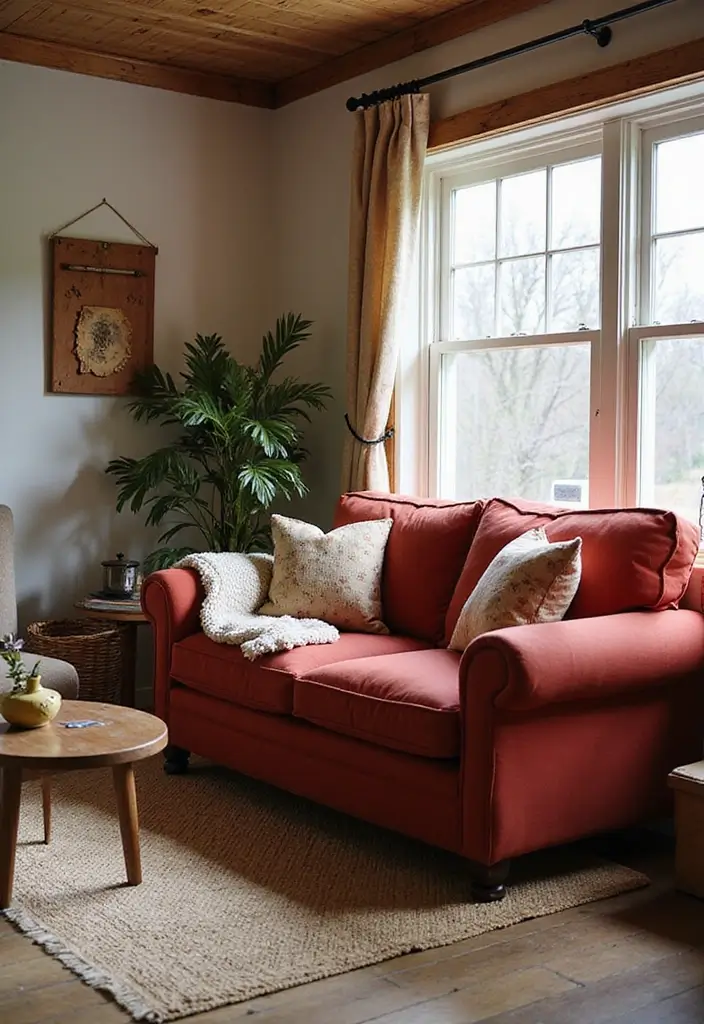 29 Living Room Red Couch Ideas That Add Bold Character - 25. Cozy Farmhouse Style