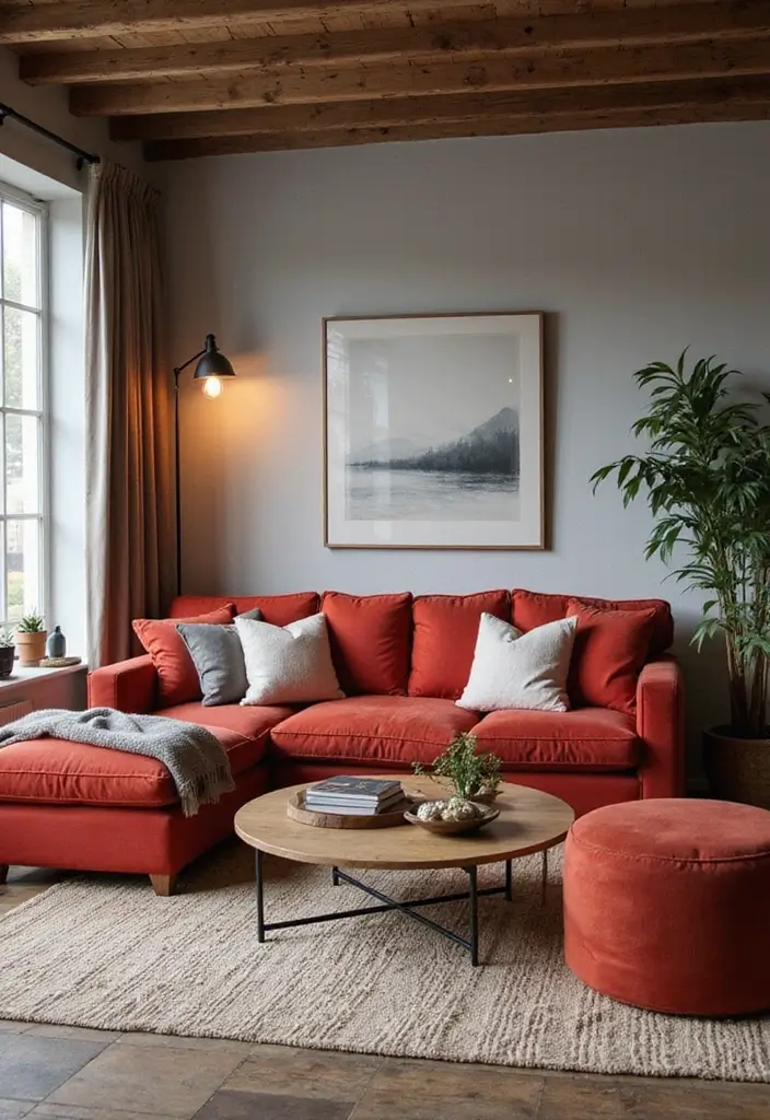 29 Living Room Red Couch Ideas That Add Bold Character - 26. Modern Rustic