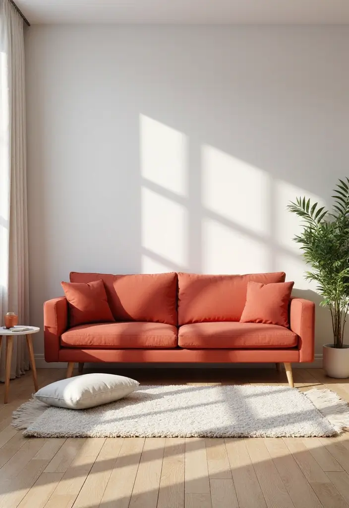 29 Living Room Red Couch Ideas That Add Bold Character - 27. Clean Lines & Zen