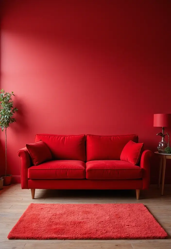 29 Living Room Red Couch Ideas That Add Bold Character - 28. Bold Wall Color