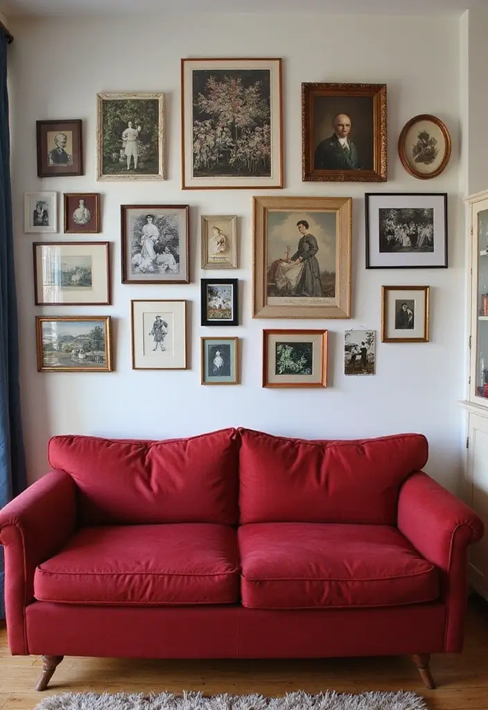 29 Living Room Red Couch Ideas That Add Bold Character - 29. Personalized Gallery Wall