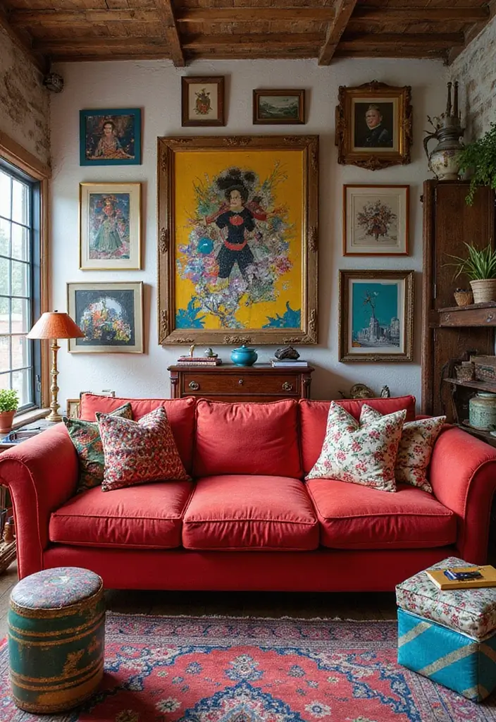 29 Living Room Red Couch Ideas That Add Bold Character - 3. Artsy Eclectic Mix