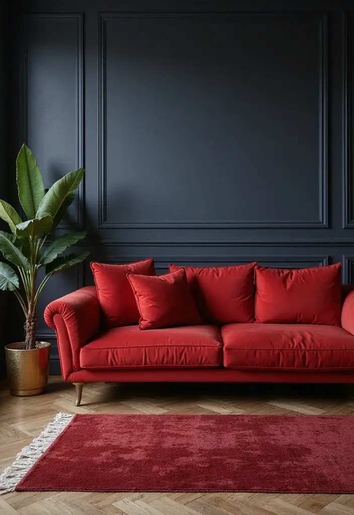 29 Living Room Red Couch Ideas That Add Bold Character - 5. Bold Contrast
