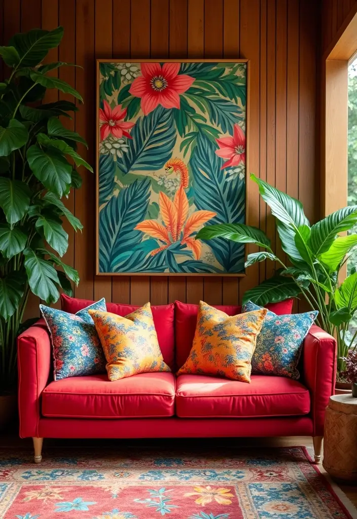 29 Living Room Red Couch Ideas That Add Bold Character - 6. Vibrant Tropical Escape