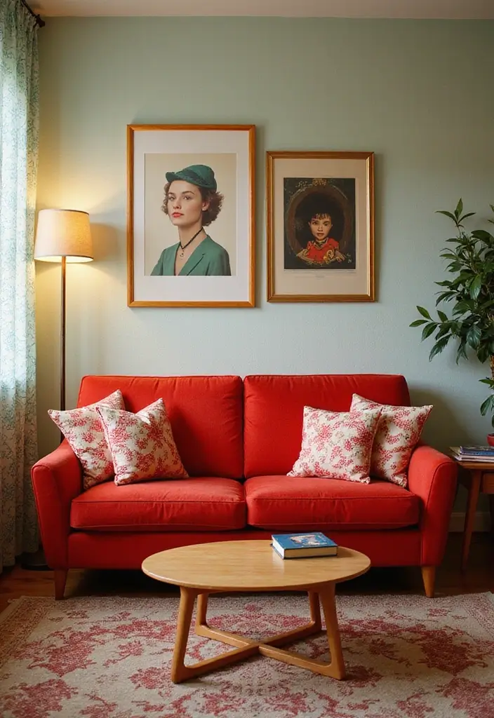 29 Living Room Red Couch Ideas That Add Bold Character - 7. Retro Revival