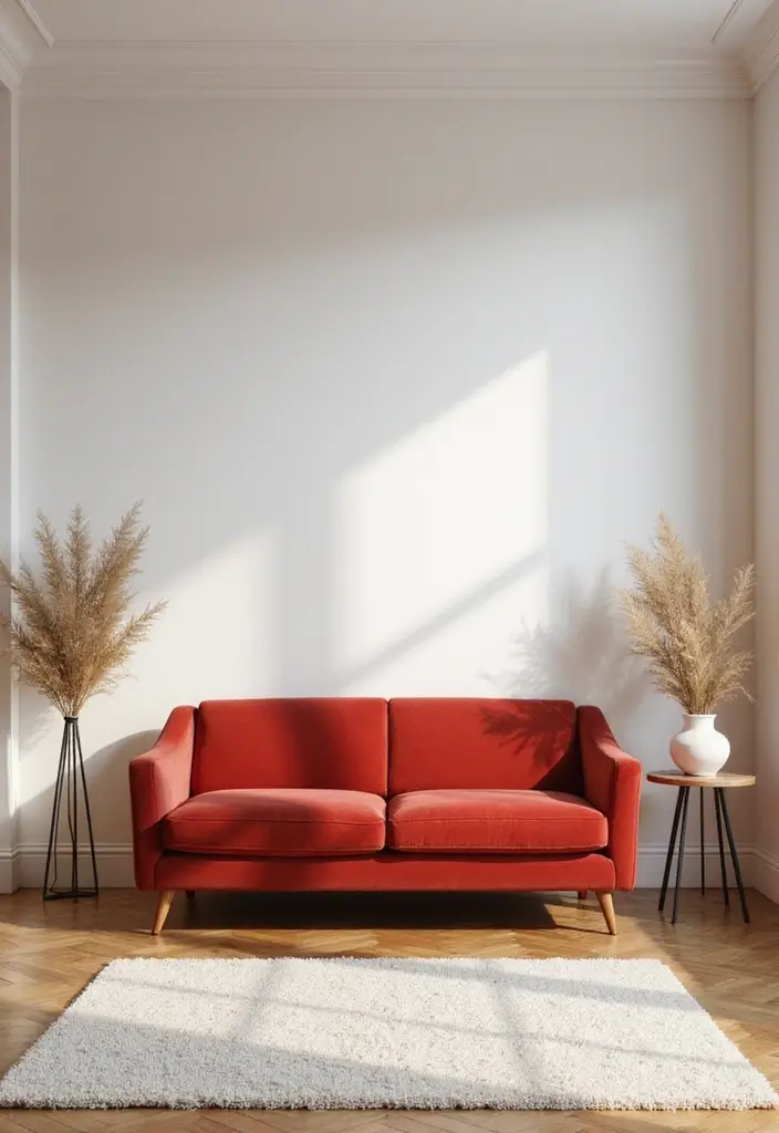 29 Living Room Red Couch Ideas That Add Bold Character - 8. Soft Neutrals
