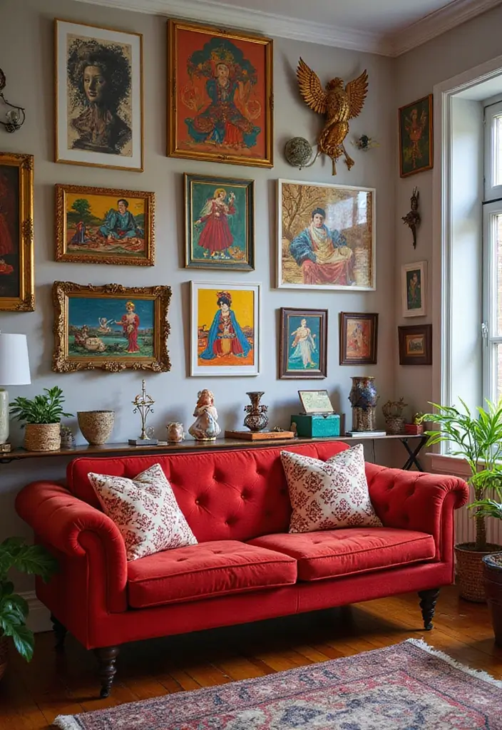 29 Living Room Red Couch Ideas That Add Bold Character - 9. Artistic Flair