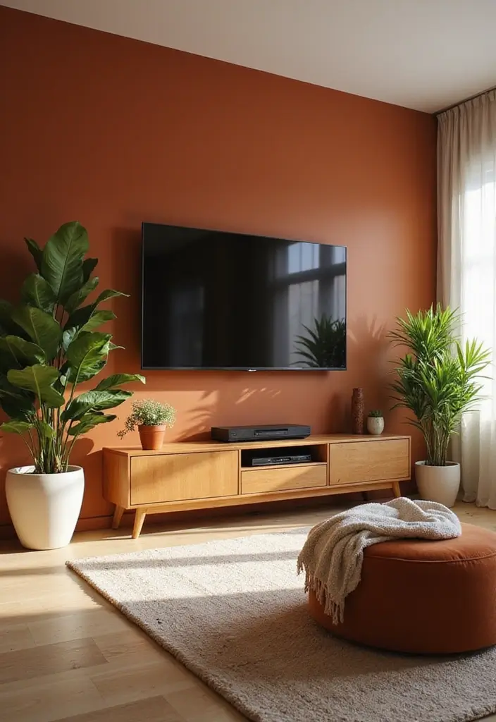 29 Living Room TV Wall Paint Ideas That Feel Modern and Fresh - 1. Earthy Terracotta