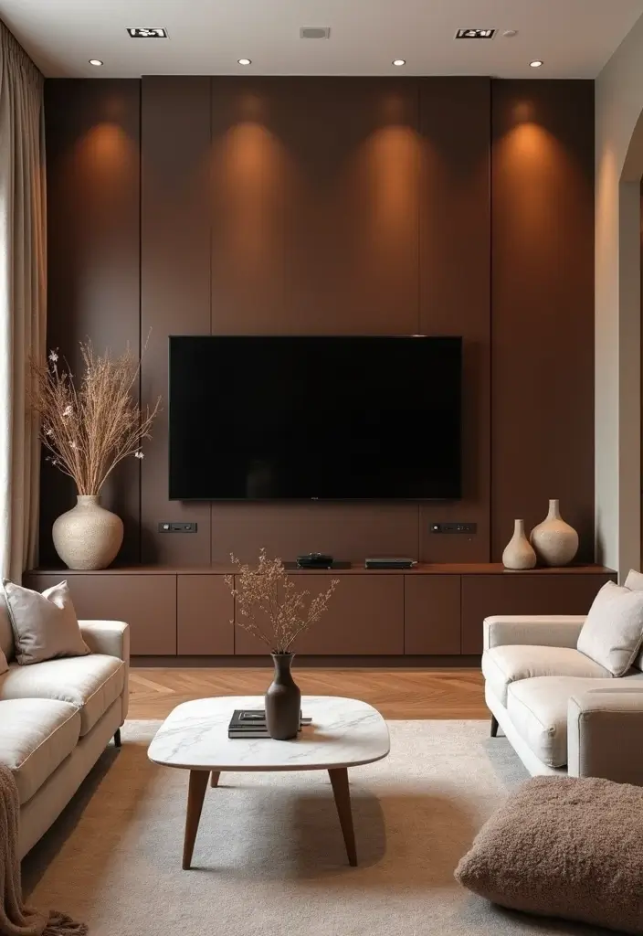 29 Living Room TV Wall Paint Ideas That Feel Modern and Fresh - 10. Rich Chocolate Brown