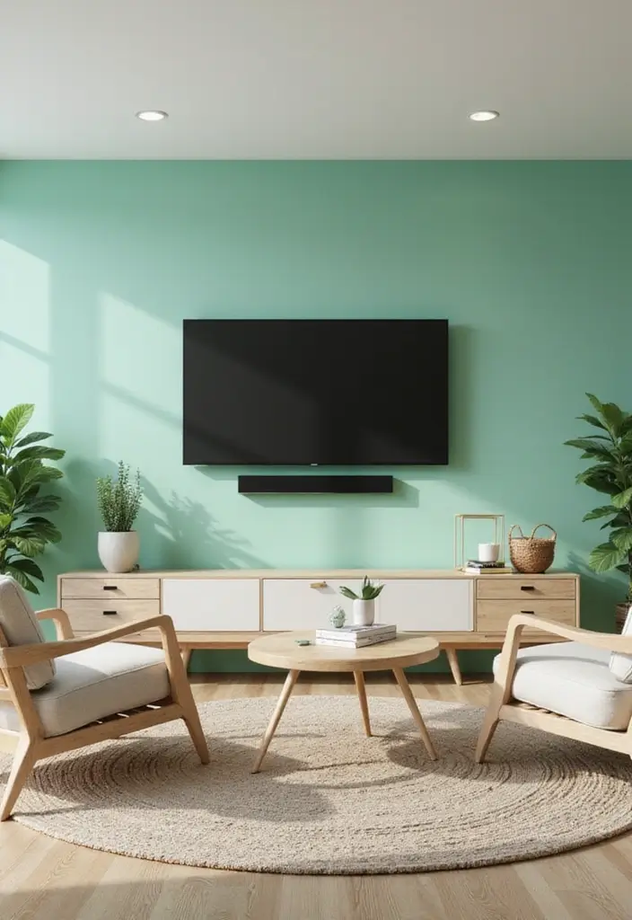 29 Living Room TV Wall Paint Ideas That Feel Modern and Fresh - 11. Minty Fresh Green
