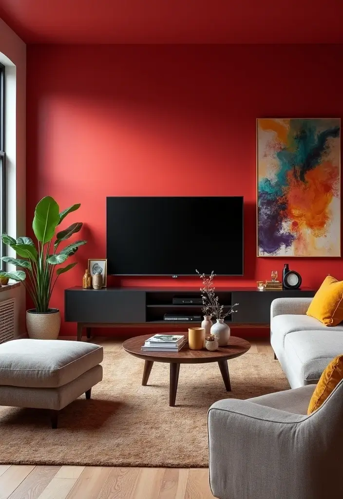29 Living Room TV Wall Paint Ideas That Feel Modern and Fresh - 13. Bold Red Accent