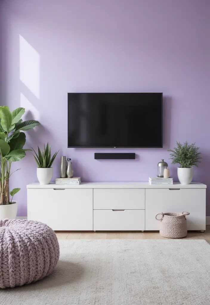 29 Living Room TV Wall Paint Ideas That Feel Modern and Fresh - 15. Subtle Lavender
