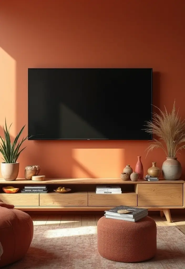 29 Living Room TV Wall Paint Ideas That Feel Modern and Fresh - 16. Warm Clay Orange