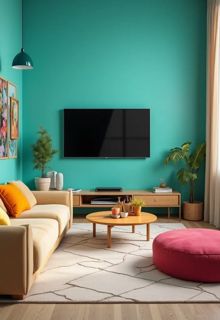 29 Living Room TV Wall Paint Ideas That Feel Modern and Fresh - 19. Playful Turquoise