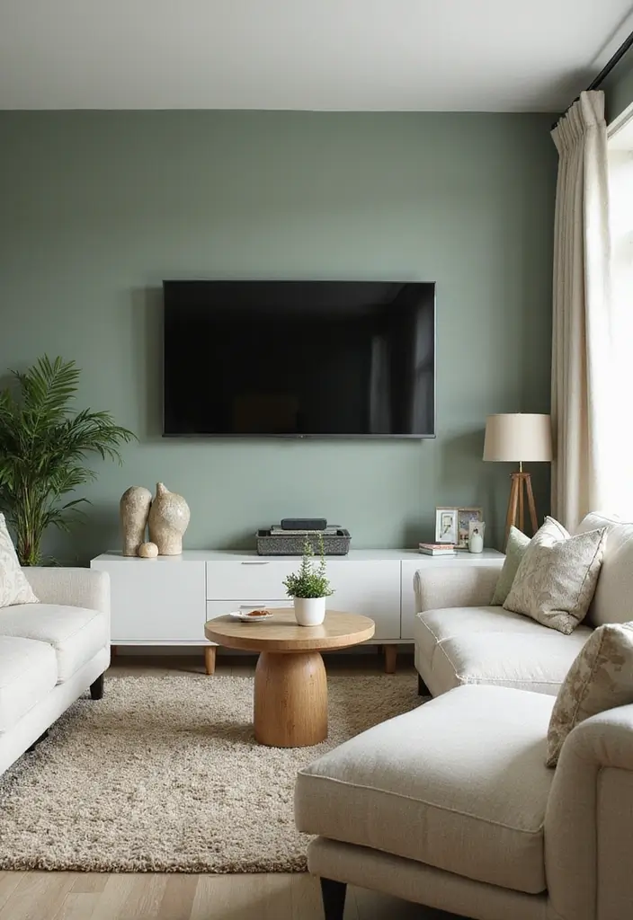 29 Living Room TV Wall Paint Ideas That Feel Modern and Fresh - 2. Cool Sage Green