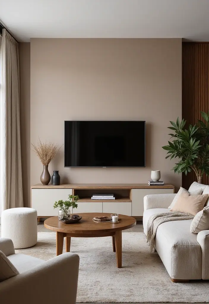 29 Living Room TV Wall Paint Ideas That Feel Modern and Fresh - 20. Warm Taupe
