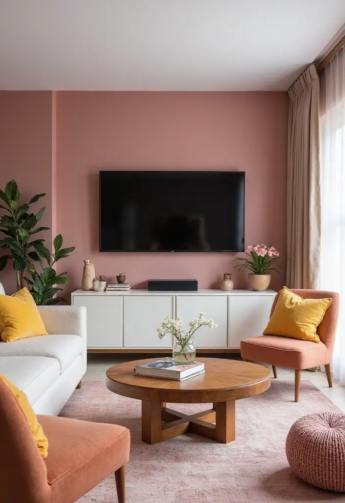 29 Living Room TV Wall Paint Ideas That Feel Modern and Fresh - 21. Dusty Rose