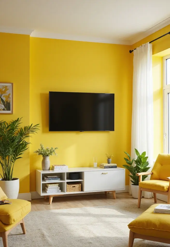 29 Living Room TV Wall Paint Ideas That Feel Modern and Fresh - 23. Fresh Lemonade Yellow