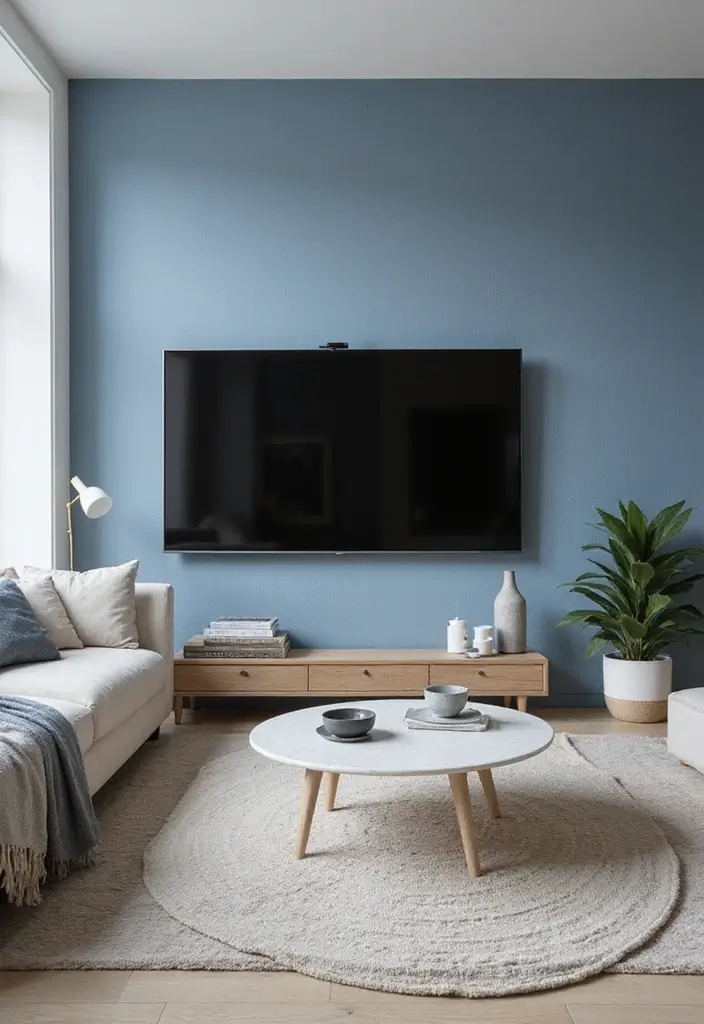 29 Living Room TV Wall Paint Ideas That Feel Modern and Fresh - 24. Soft Denim Blue