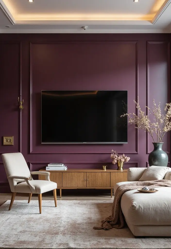 29 Living Room TV Wall Paint Ideas That Feel Modern and Fresh - 26. Deep Plum