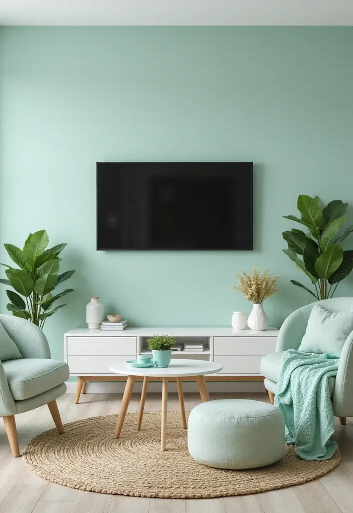 29 Living Room TV Wall Paint Ideas That Feel Modern and Fresh - 27. Soft Mint