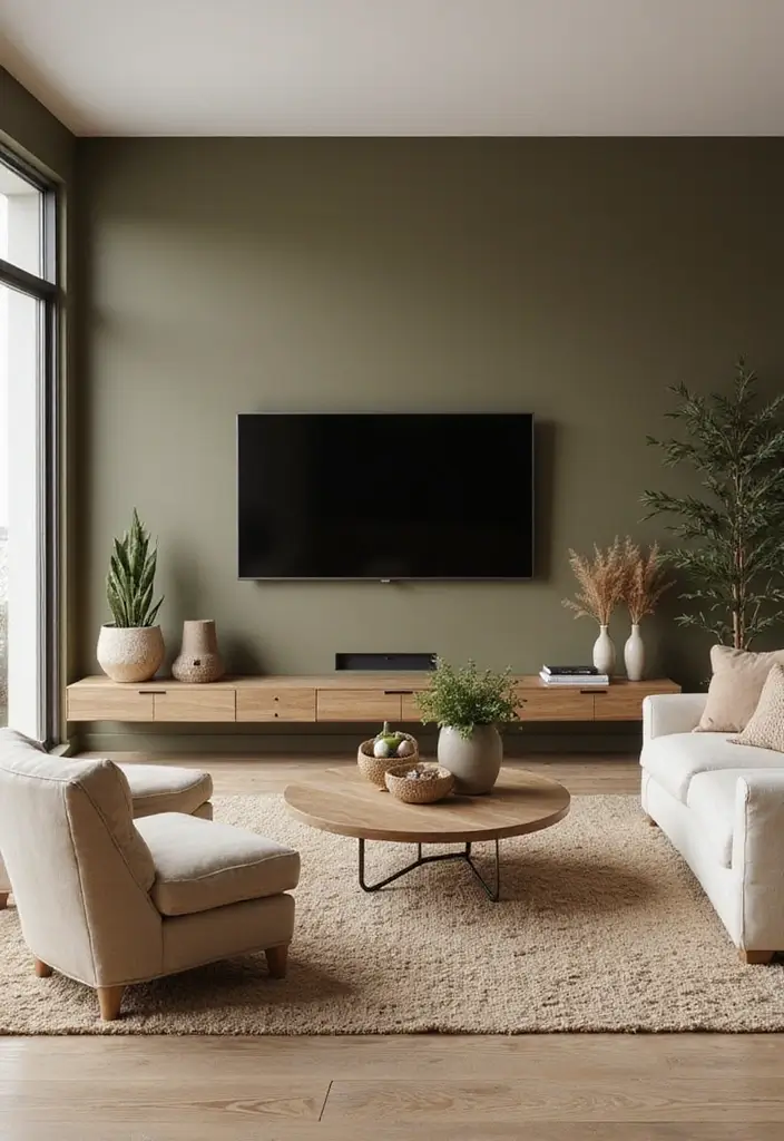 29 Living Room TV Wall Paint Ideas That Feel Modern and Fresh - 28. Earthy Olive