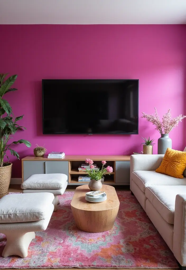 29 Living Room TV Wall Paint Ideas That Feel Modern and Fresh - 29. Playful Fuchsia