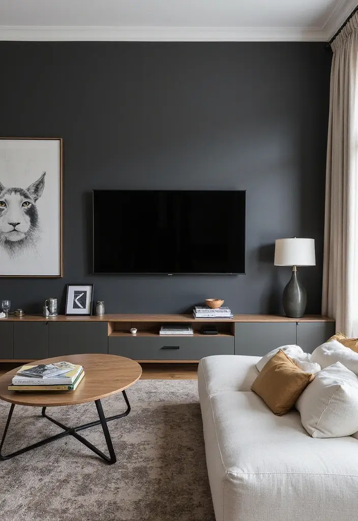 29 Living Room TV Wall Paint Ideas That Feel Modern and Fresh - 3. Bold Charcoal