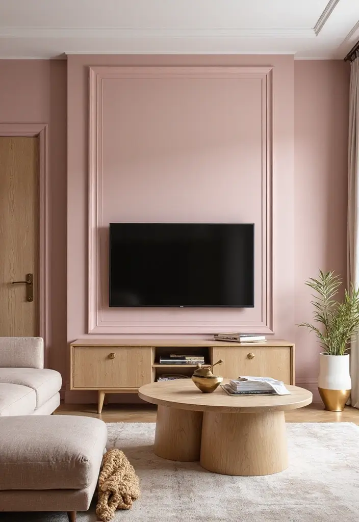 29 Living Room TV Wall Paint Ideas That Feel Modern and Fresh - 4. Soft Blush Pink