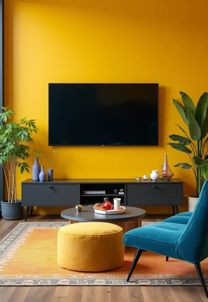 29 Living Room TV Wall Paint Ideas That Feel Modern and Fresh - 6. Bright Mustard Yellow