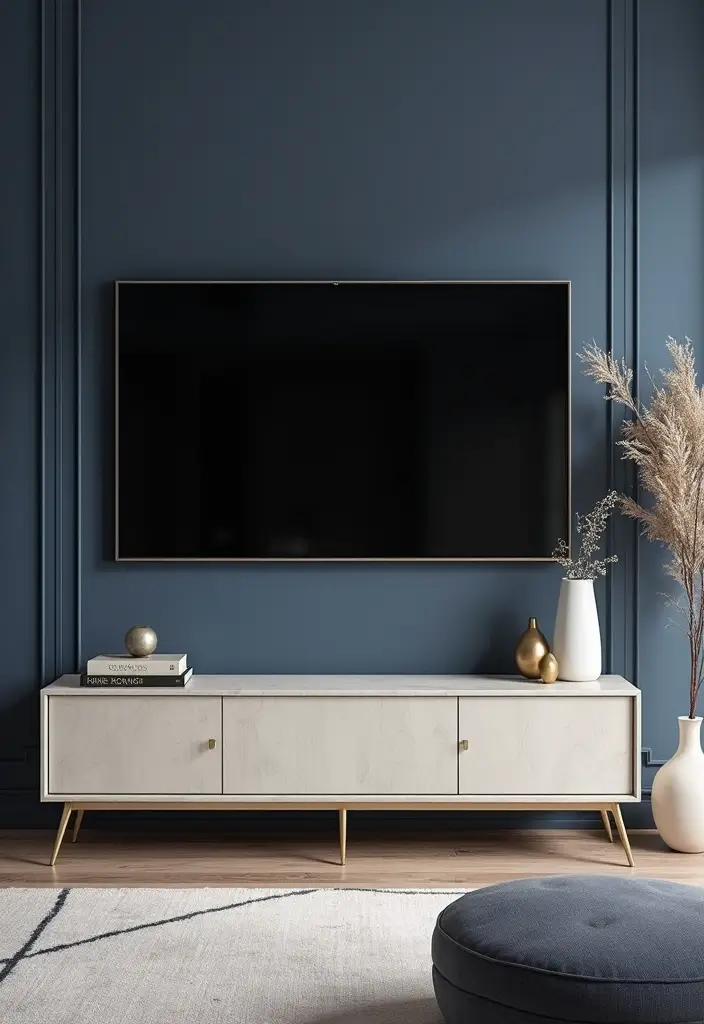29 Living Room TV Wall Paint Ideas That Feel Modern and Fresh - 7. Elegant Navy Blue