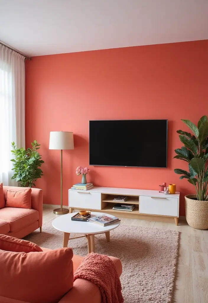 29 Living Room TV Wall Paint Ideas That Feel Modern and Fresh - 9. Vibrant Coral