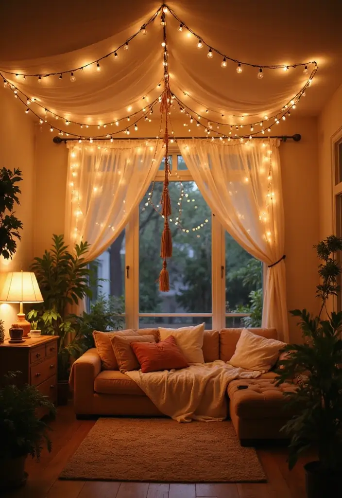 29 Magical Living Room Ideas That Feel Whimsical and Dreamy - 1. Ethereal Fairy Light Canopies